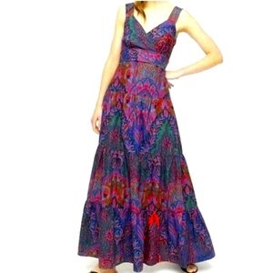 J CREW Size 8 Tiered Maxi Dress Ratti Scarf Paisley Print Tie Waist A-line